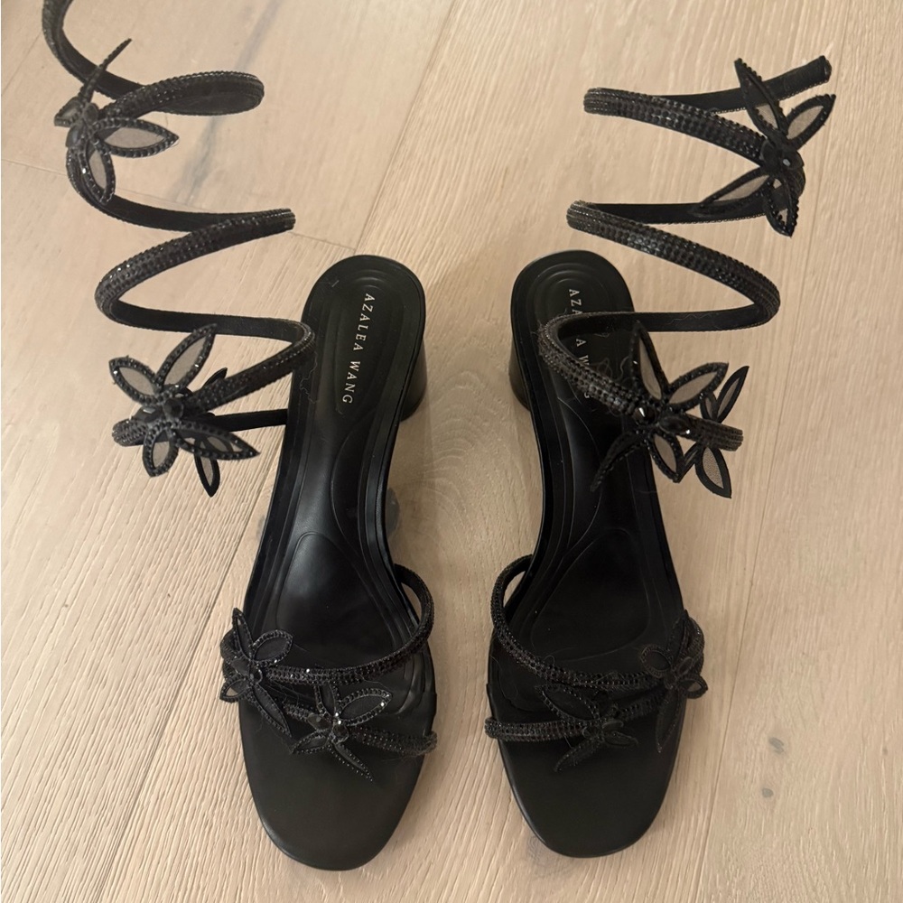 Azalea Wang Black Floral Wrap Sandals with Spiral Ankle Straps